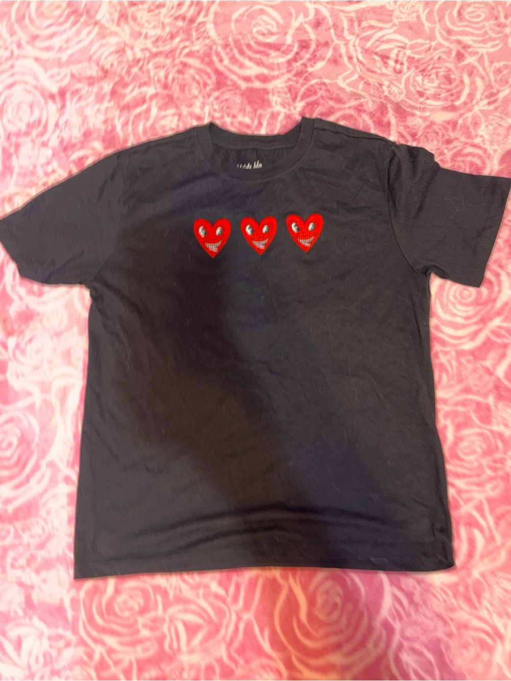 Black Kids' Short-Sleeve Tee with Red Heart Faces